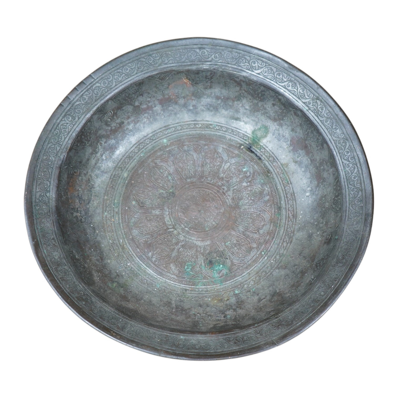 A Safavid tinned copper bowl engraved with a goat and flowers, 32cm diameter. Condition - fair